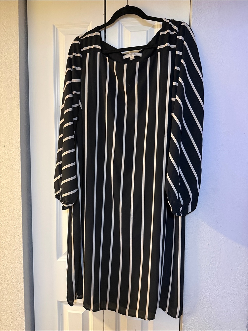 LOFT Black and White Vertical Stripe Long-Sleeve Shift Dress